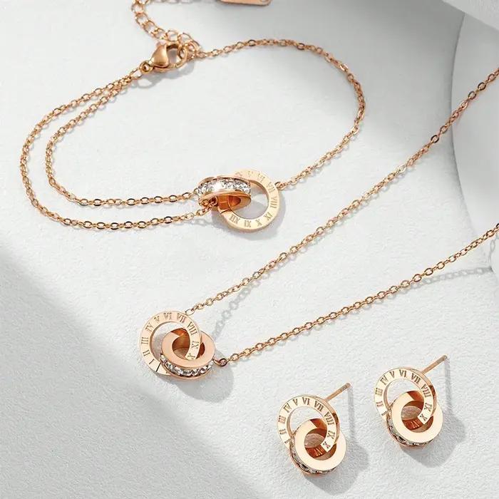 Femmes classiques chiffres romains bijoux ensemble en acier inoxydable polyvalent simple collier quotidien bracelet boucles d'oreilles accessoire