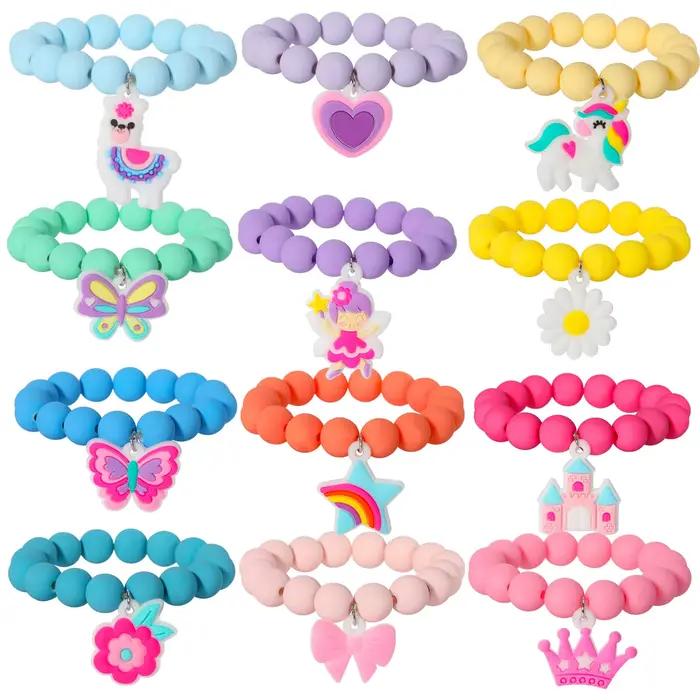 Bracelets élastiques en perles, couronne de petite princesse, papillon, licorne, cœur, fleur et chât