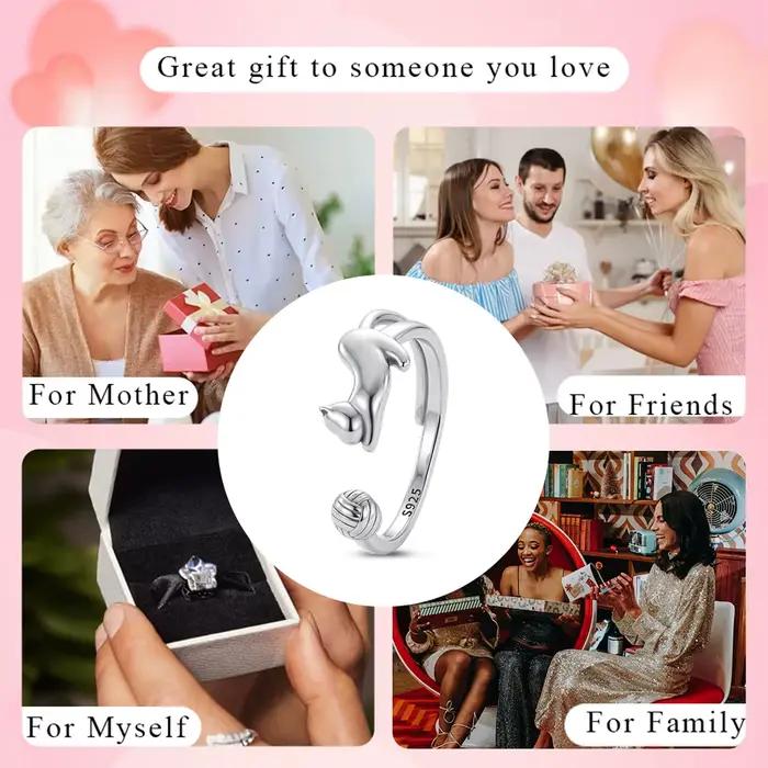 Bague ouverte réglable en argent sterling 925, motif chat mignon et pelote de laine, bijou minimaliste pour femme, cadeau pour les amoureuses des animaux