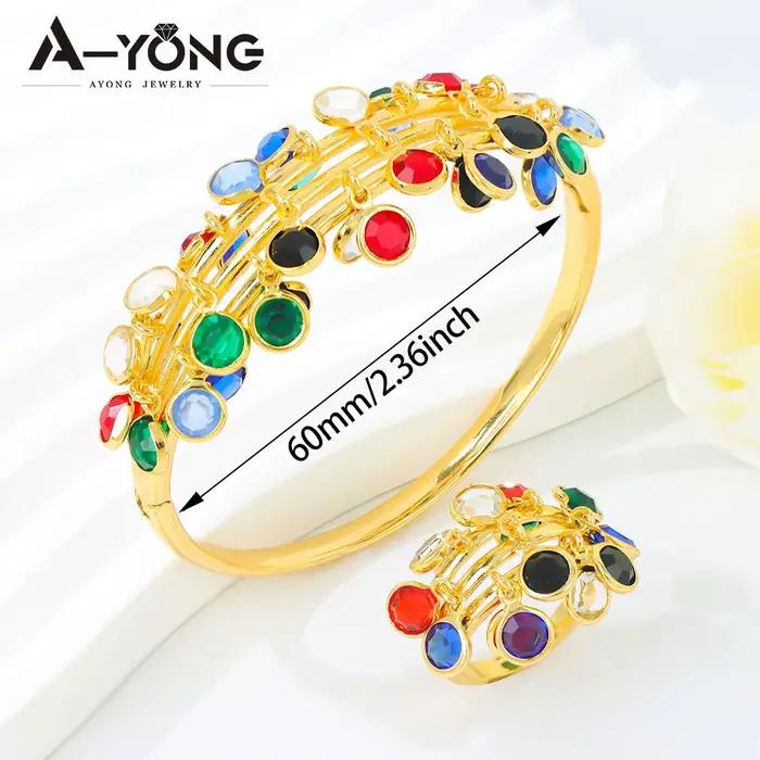 Parure de bijoux de mariage musulmane arabe plaqué or 21 carats avec zircone colorée, bracelets et b