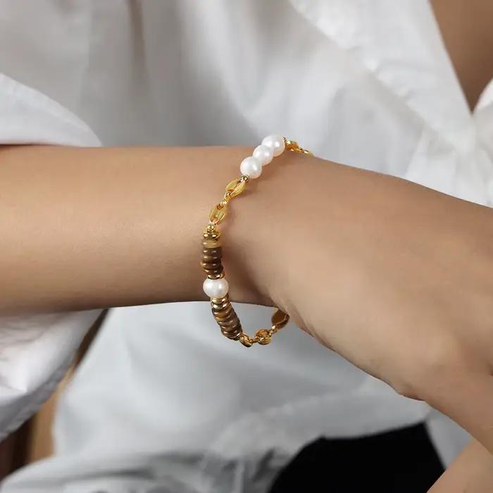 Oeil de tigre pierre épissure perle d'eau douce chaîne de perles collier Bracelet en acier inoxydabl
