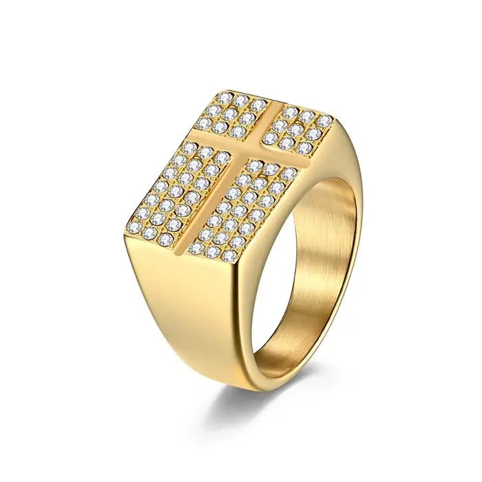 Bague Croix Luxe Plaqué Or 18K en Acier Titane Premium avec Micro-Pavé de Diamants de Laboratoire, B