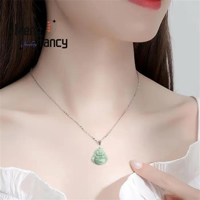 Collier en argent S925 naturel Myanmar a-goods jadéite vert clair pendentif bouddha Maitreya exquis meilleure vente bijoux de mode