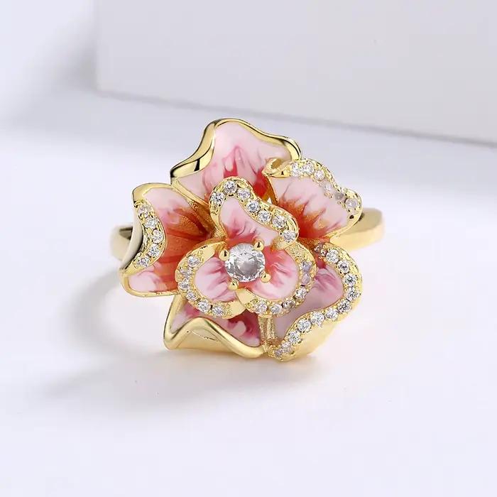Bague classique en argent et Zircon pour femme, anneau en émail rose, fleur dorée, bijoux de mariée en émail époxy fait à la main, 925