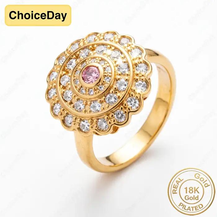 Bague florale luxueuse en zircon rose/blanc plaqué or 18 carats pour femme