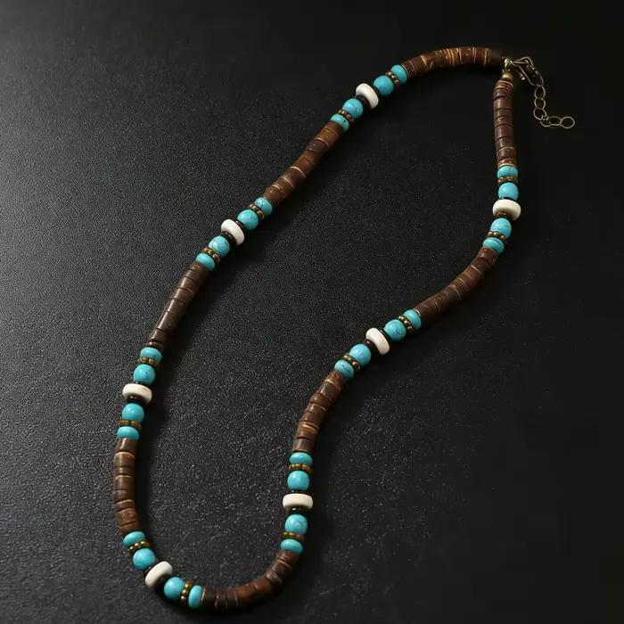 Collier ras du cou tendance pour homme en perles de bois et coquillages de noix de coco marron et bl