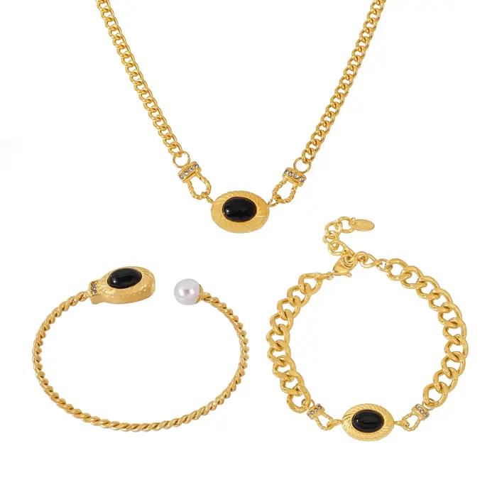 Ensemble de bijoux en acier inoxydable Nobel pour femmes avec pendentif en perle noire ovale plaquée or de luxe pour soirées et occasions spéciales