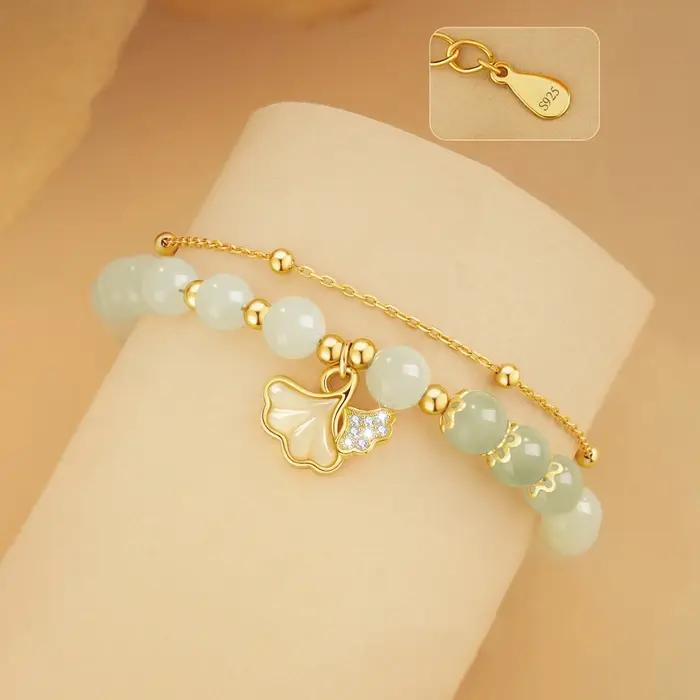 Hetian Jade Ginkgo Double couche Bracelet élégant luxueux bijoux faits à la main pour les femmes Premium cadeau choix S925 argent Sterling
