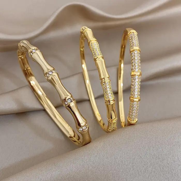 Bracelet manchette élégant en forme de nœud de bambou incrusté de diamants pour femme