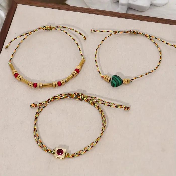 Ensemble de bracelets bohème chic pour femmes, 3 pièces, fabriqués à la main avec une pierre naturelle en forme de cœur, chaîne délicate pour tenue décontractée, fête