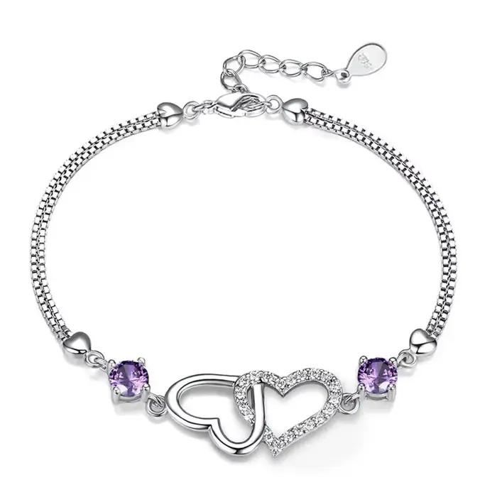 Bracelet en argent sterling s925 incrusté de zircon en forme de cœur et d'améthyste pour femmes et hommes bijoux de soirée occasions spéciales