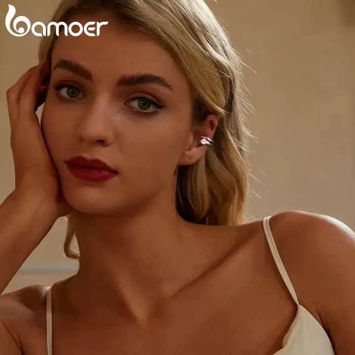 BAMOER Mono plaqué or blanc Double couche Moissanite oreille manchette 925 en argent Sterling oreille pince Moissanite boucles d'oreilles pour les femmes