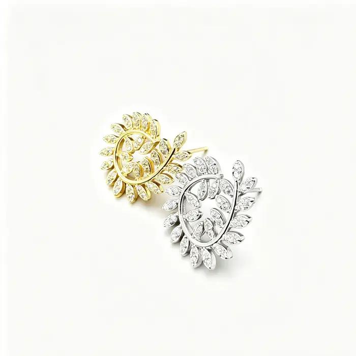 Boucles d'oreilles clous en zircon feuille de laurier de luxe française