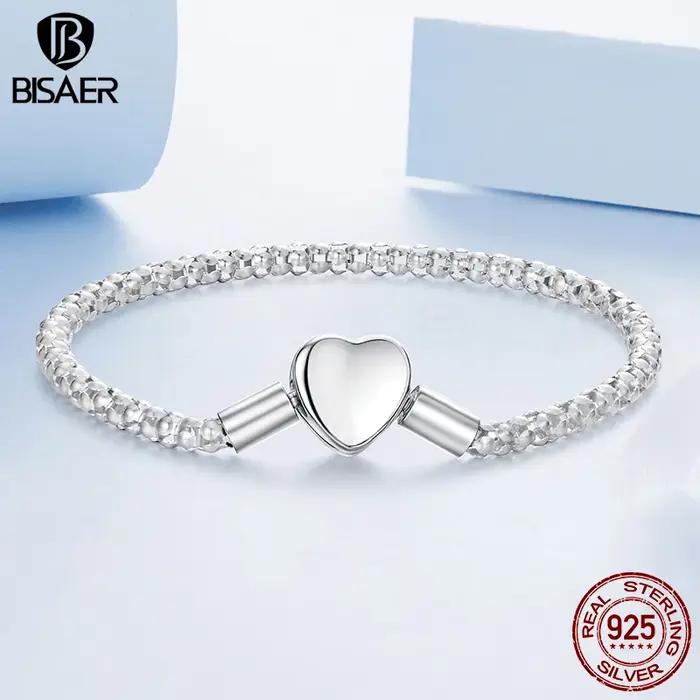 BISAER réel 925 en argent Sterling coeur Bracelet de base amour étoilé Bracelets pour femme breloques perles bricolage bijoux fins EFB209