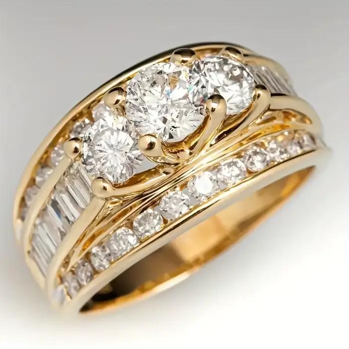 Magnifique bague de fiançailles à trois rangs incrustée de zircone synthétique pour femme, accessoires de bijoux de mariage et d'anniversaire étincelants et tendance
