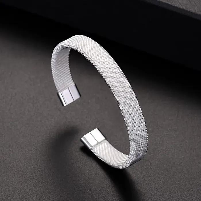 Bracelet de manchette en argent sterling 925 motif géométrique solide pour hommes et femmes