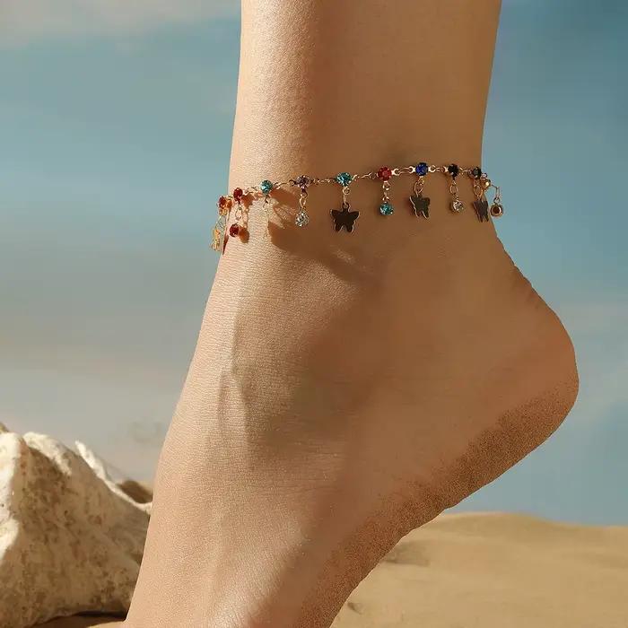 Bracelet de cheville papillon fleur douce pour femmes, chaîne pompon étoile Zircon, chaîne de pied pieds nus, bijoux de plage pour femmes et filles