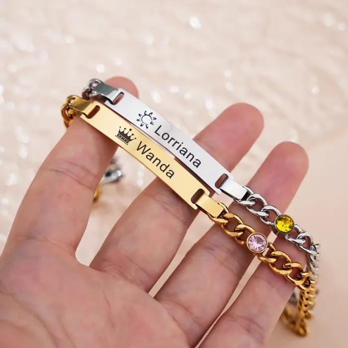 Bracelet personnalisé avec nom et pierre de naissance pour enfant cadeau d'anniversaire ou de baptême en titane or rose argent adjustable cubain