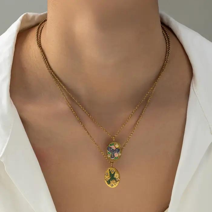 Pendentif plaqué or 18 carats – Bijoux papillon soleil lune en acier inoxydable