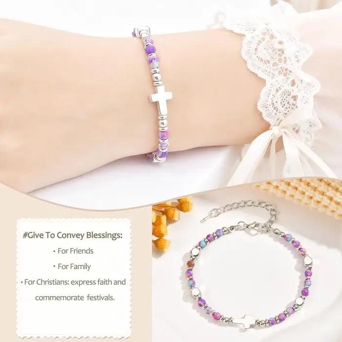 Bracelet religieux chrétien avec croix perlée pour femmes
