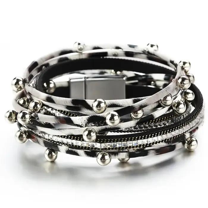 ALLYES – Bracelets en cuir à breloques en perles métalliques pour femmes et hommes, chaîne en cristal, bohème, multicouche, bijoux féminins