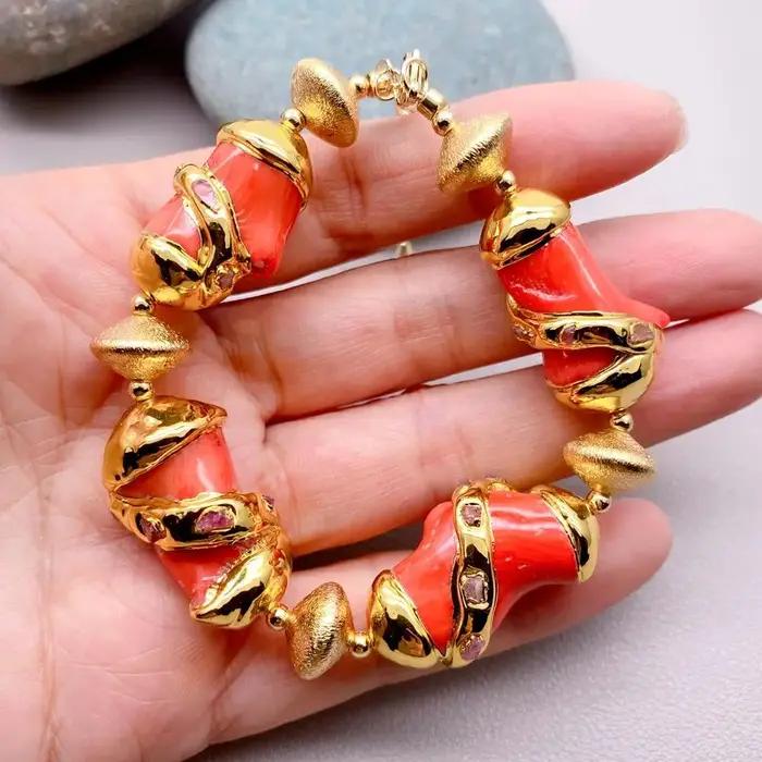 yygem Bracelet pépite plaquée or corail orange