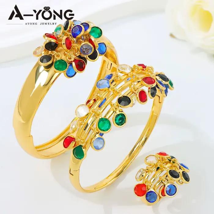 Parure de bijoux de mariage musulmane arabe plaqué or 21 carats avec zircone colorée, bracelets et bague, bijoux exotiques vintage pour femmes algériennes