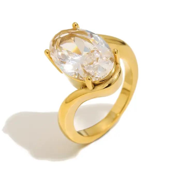 Bague ovale en acier inoxydable plaqué or avec cristal, grande bague solitaire pour femme, bijoux de