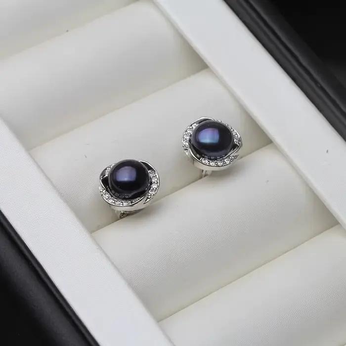 Boucles d'oreilles en perles noires d'eau douce naturelles, bijoux pour femmes, boucles d'oreilles de mariée en argent 925 avec perles, cadeau d'anniversaire blanc gris