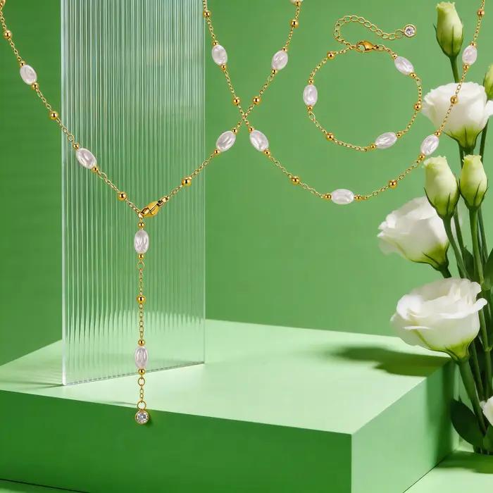 Collier en perles d'imitation pour femmes élégant, cadeau pour occasions spéciales, bijou chic en cuivre, style géométrique, collier long en forme de Y, cadeau pour mère
