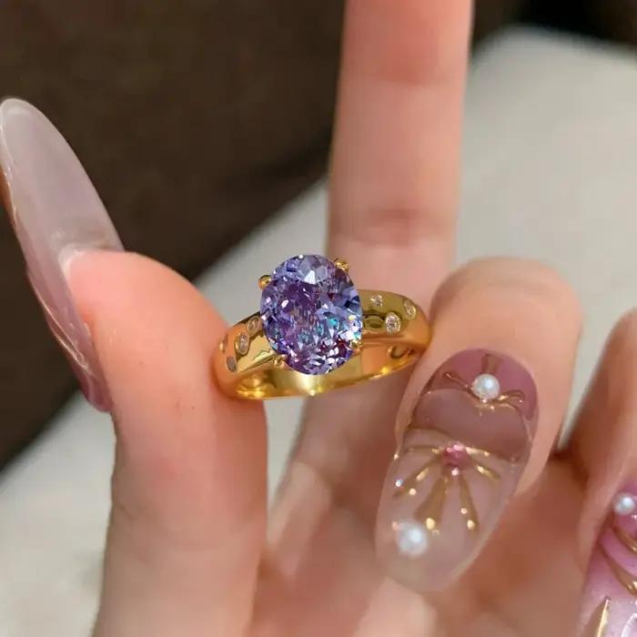 Nouvelle bague en or 18 carats plaqué diamant violet de style chinois (Zi Ji Dong Lai) - Accessoire de bijouterie simple pour femme