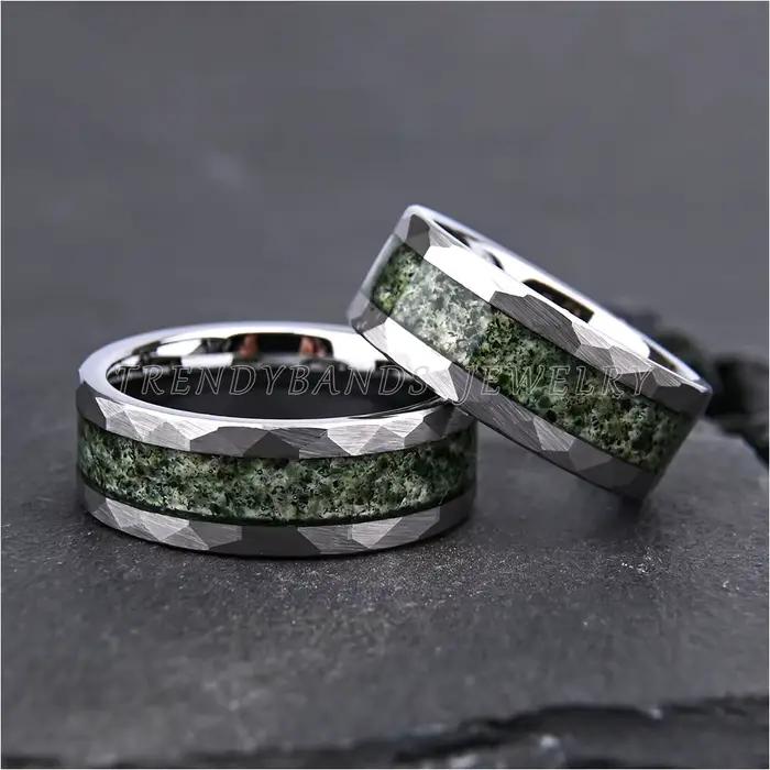 Bague en tungstène martelé avec incrustation d'agate blanche, bijou de mode pour homme et femme, alliance résistante et élégante pour mariage et événements spéciaux