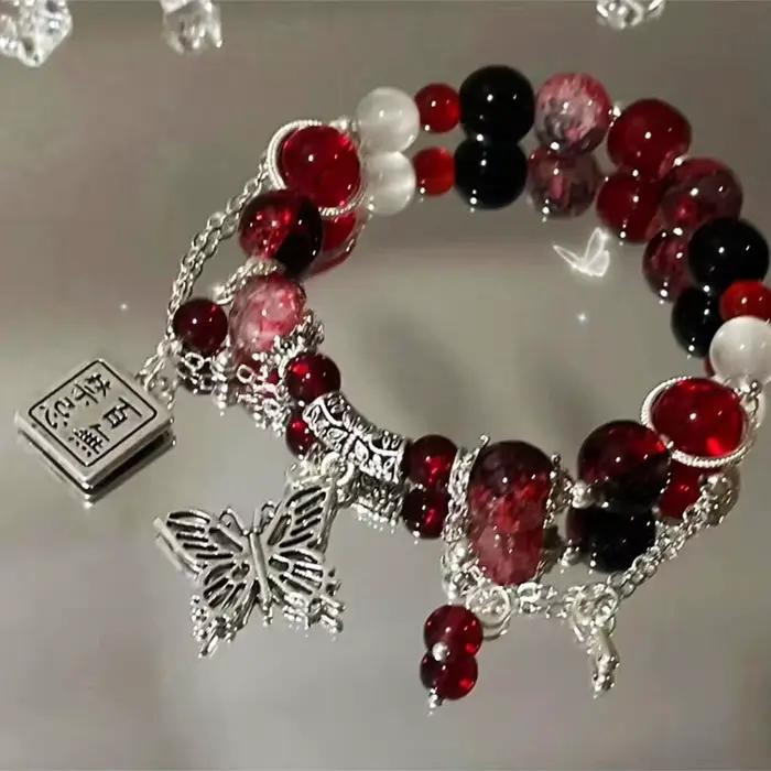 Bracelet perlé rouge de style chinois pour femme