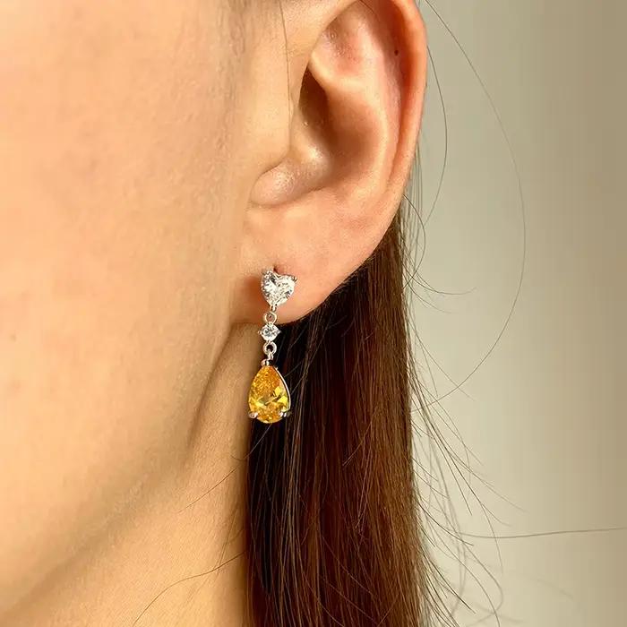 Boucles d'oreilles en topaze en forme de cœur en argent véritable S925, design de niche, pendentif en forme de goutte, bijoux de tempérament polyvalents