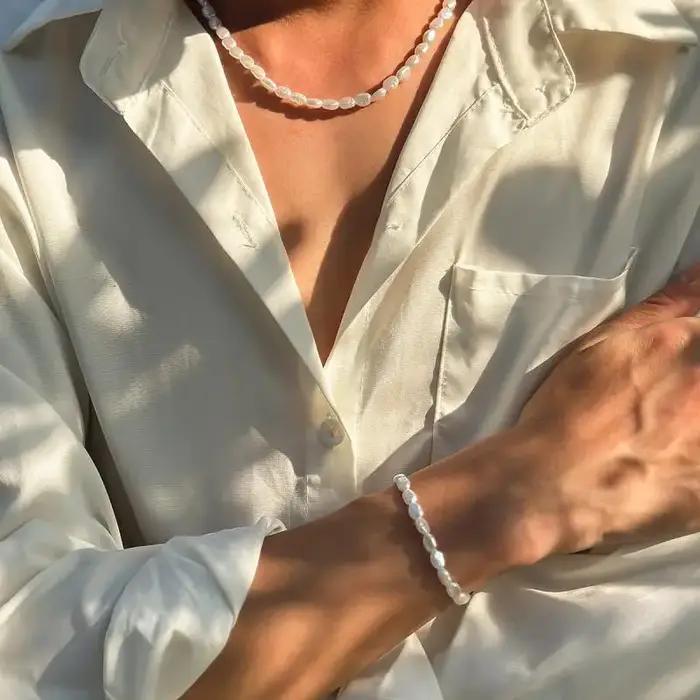 Nouveau Bracelet Chaîne Ovale en Perles d'Imitation Tendance pour Hommes et Femmes