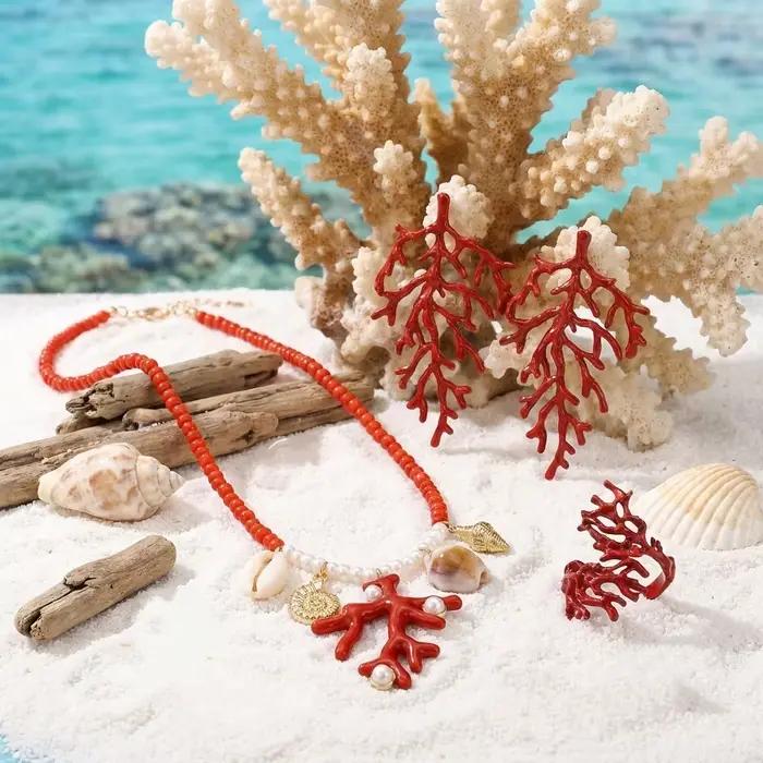 Ensemble de bijoux en corail rouge surdimensionné asymétrique pour femmes occasions estivales et soirées en été