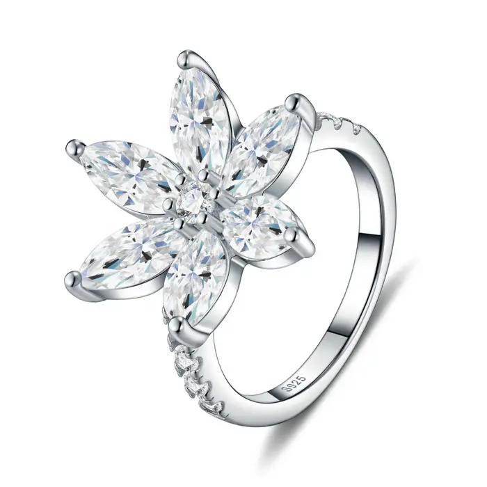 WUIHA Bague Fleur en Argent Sterling 925 avec Moissanite Véritable GRA Couleur D Taille Marquise 4 * 8 MM pour Mariage