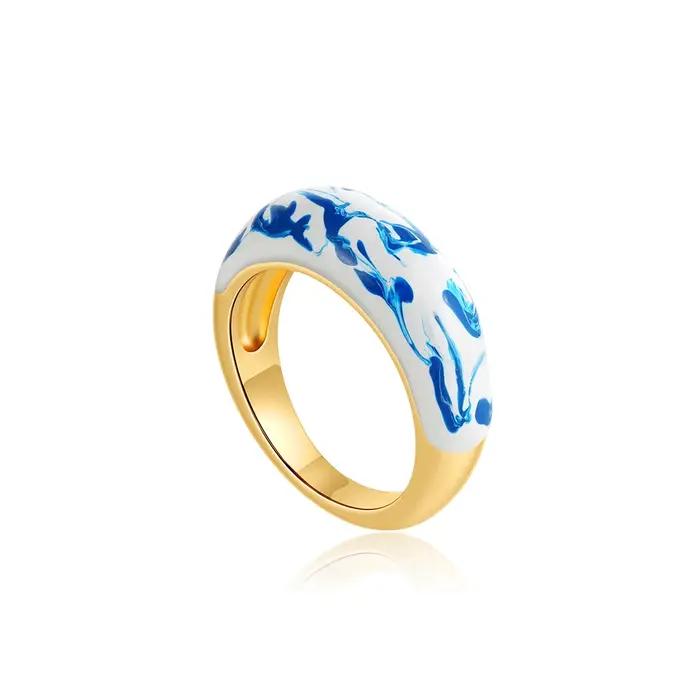 Bague statement en émail bleu et blanc pour femmes, vintage, large, couleur or, cercle, bague de doigt, étanche, bijoux vintage, cadeaux