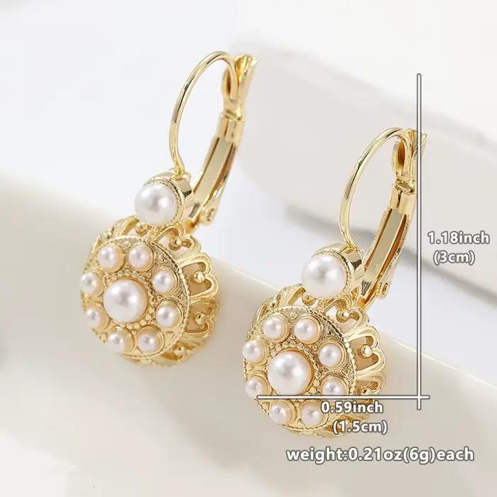 Boucles d'oreilles pendantes vintage élégantes incrustées de perles d'imitation dorées pour femme, accessoires de bijoux charmants pour mariage et anniversaire