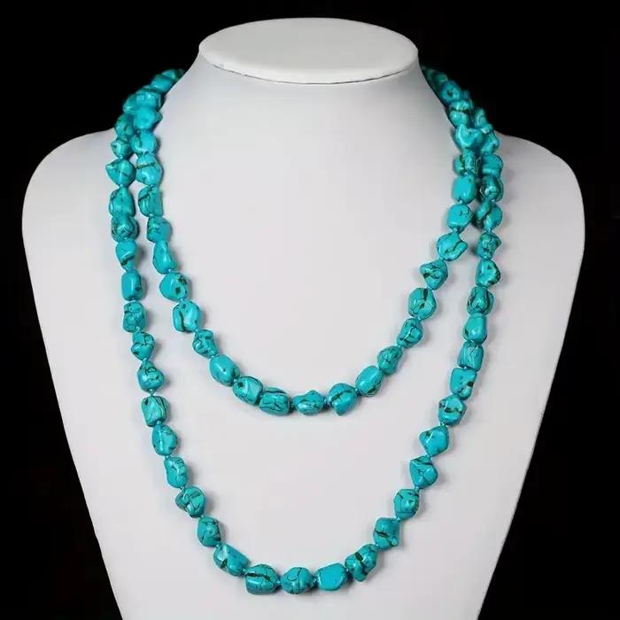Collier sans fin de perles turquoise pour femmes et adolescentes, style Boho, longue pierre nouée, multicouche, bijoux faits à la main