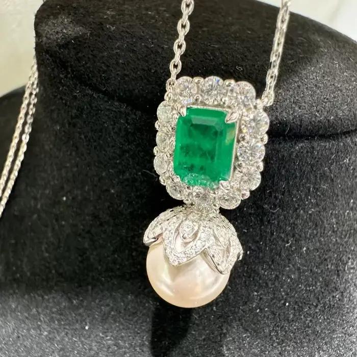Ensemble de boucles d'oreilles et collier en argent 925, émeraude cultivée en laboratoire, perle d'e