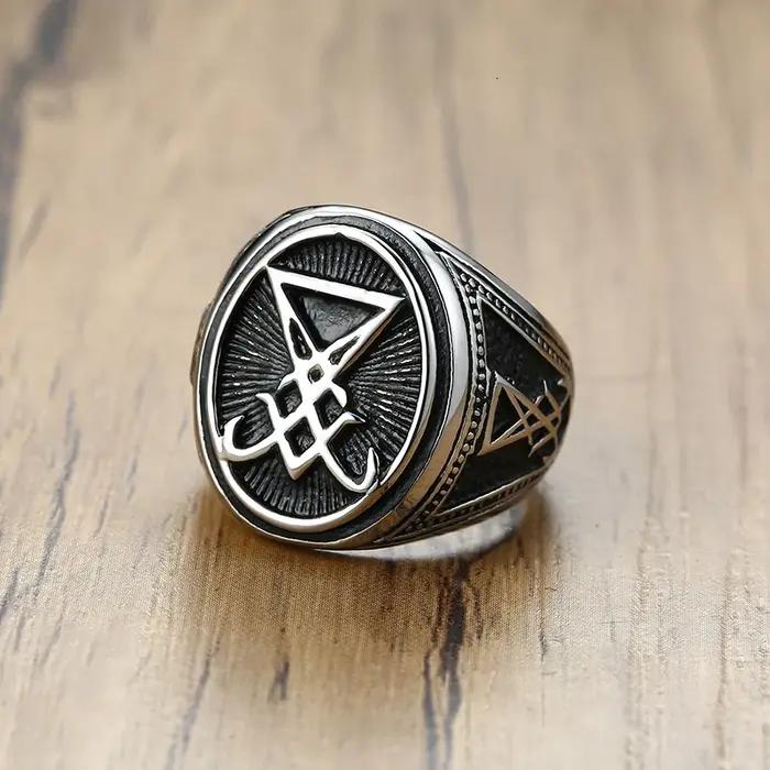 Bague chevalière vintage Sigil de Lucifer acier inoxydable pour homme occasions spéciales partys soirées élégantes
