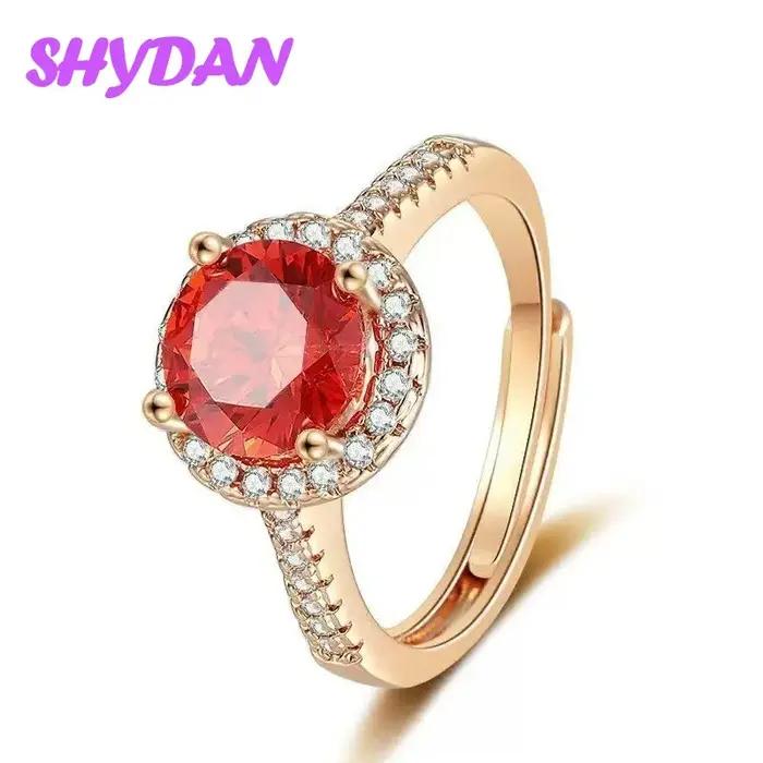 Bague SHYDAN en argent sterling 925 et or 18 carats sertie de zircon rouge grenat rond pour femmes occasions festives élégantes soirée mariage