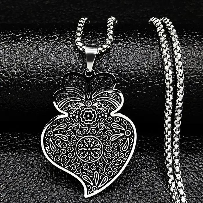 Portugal Folk Viana coeur fleur pendentif collier pour femmes hommes en acier inoxydable couleur argent chaîne bijoux