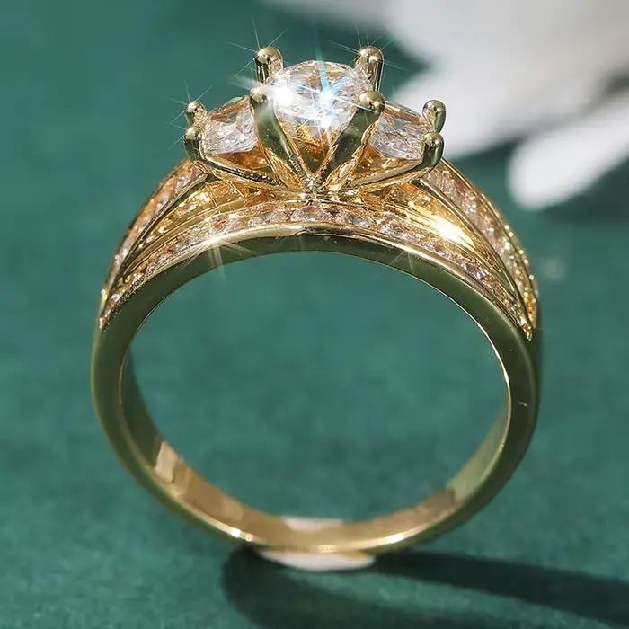 Magnifique bague de fiançailles à trois rangs incrustée de zircone synthétique pour femme, accessoires de bijoux de mariage et d'anniversaire étincelants et tendance