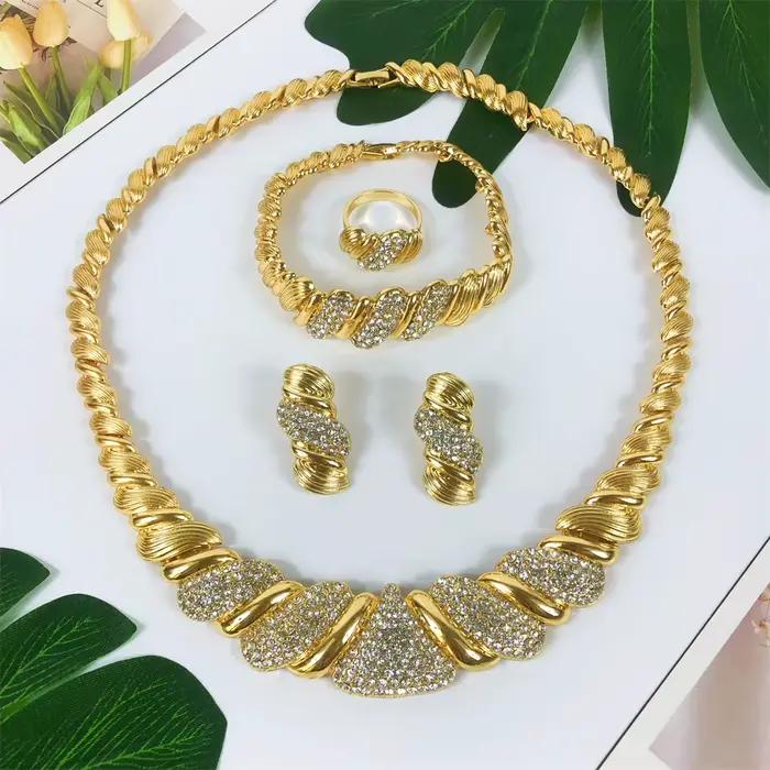 ESALE Ensemble de bijoux plaqué or tendance Dubaï, collier en zircon cubique pour femmes, bracelet et boucles d'oreilles, bijoux de mariage africains