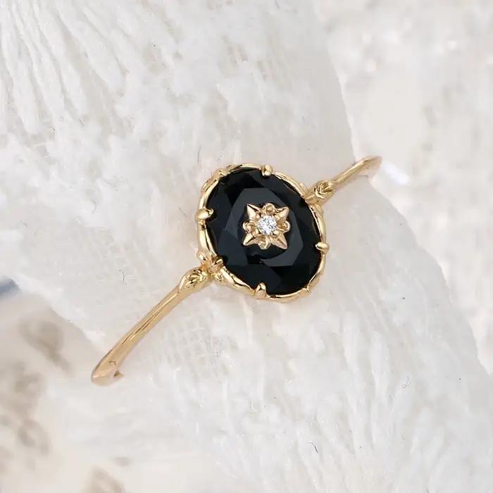 LAMOON bague en Agate noire naturelle pour femmes