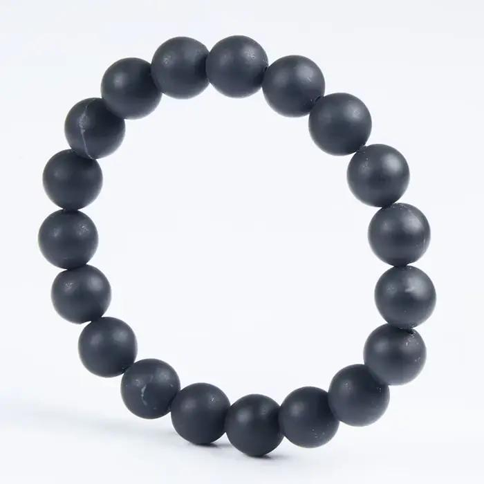Bracelet à breloques en pierre naturelle Bian pour homme, véritable pierre plate ronde noire Biankr, cadeau de bijoux