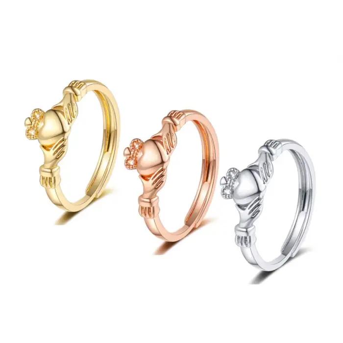 Bagues de promesse ajustables Claddagh Couronne Mains vers le Cœur