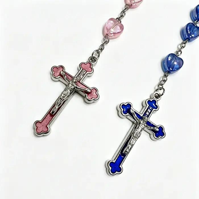 Collier de prière à la mode pour femmes perles cœur irisées pendentif émail croix bijou religieux chrétien occasions spéciales